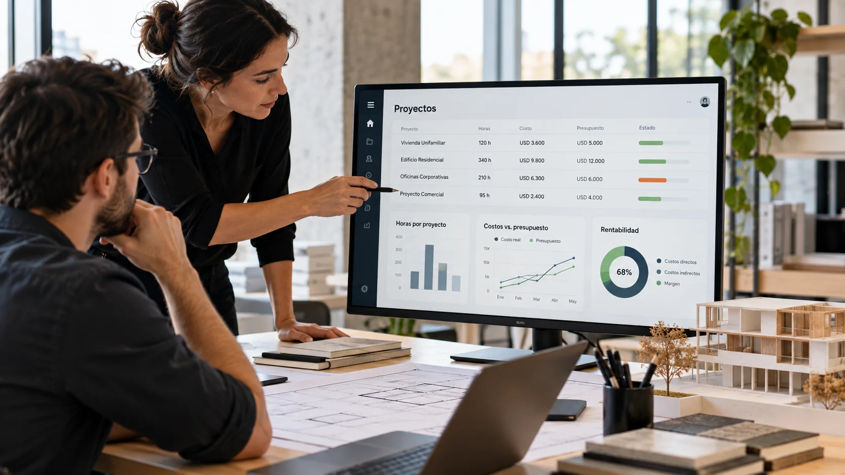 Imagen ilustrativa de profesionales de arquitectura revisando un panel de proyectos, horas, costos y presupuestos con datos ficticios.