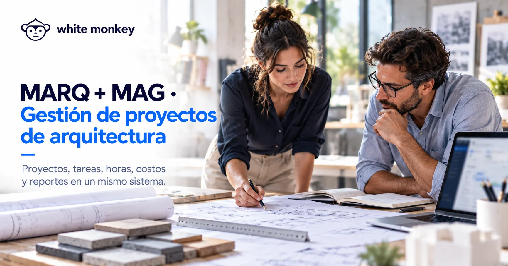 Imagen ilustrativa del caso MARQ y MAG: profesionales de arquitectura trabajando sobre planos