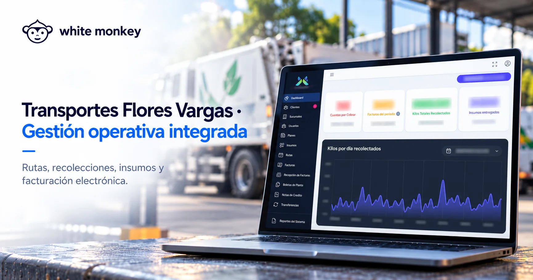 Ilustración de la gestión operativa de Transportes Flores Vargas, con un dashboard en una notebook y un camión