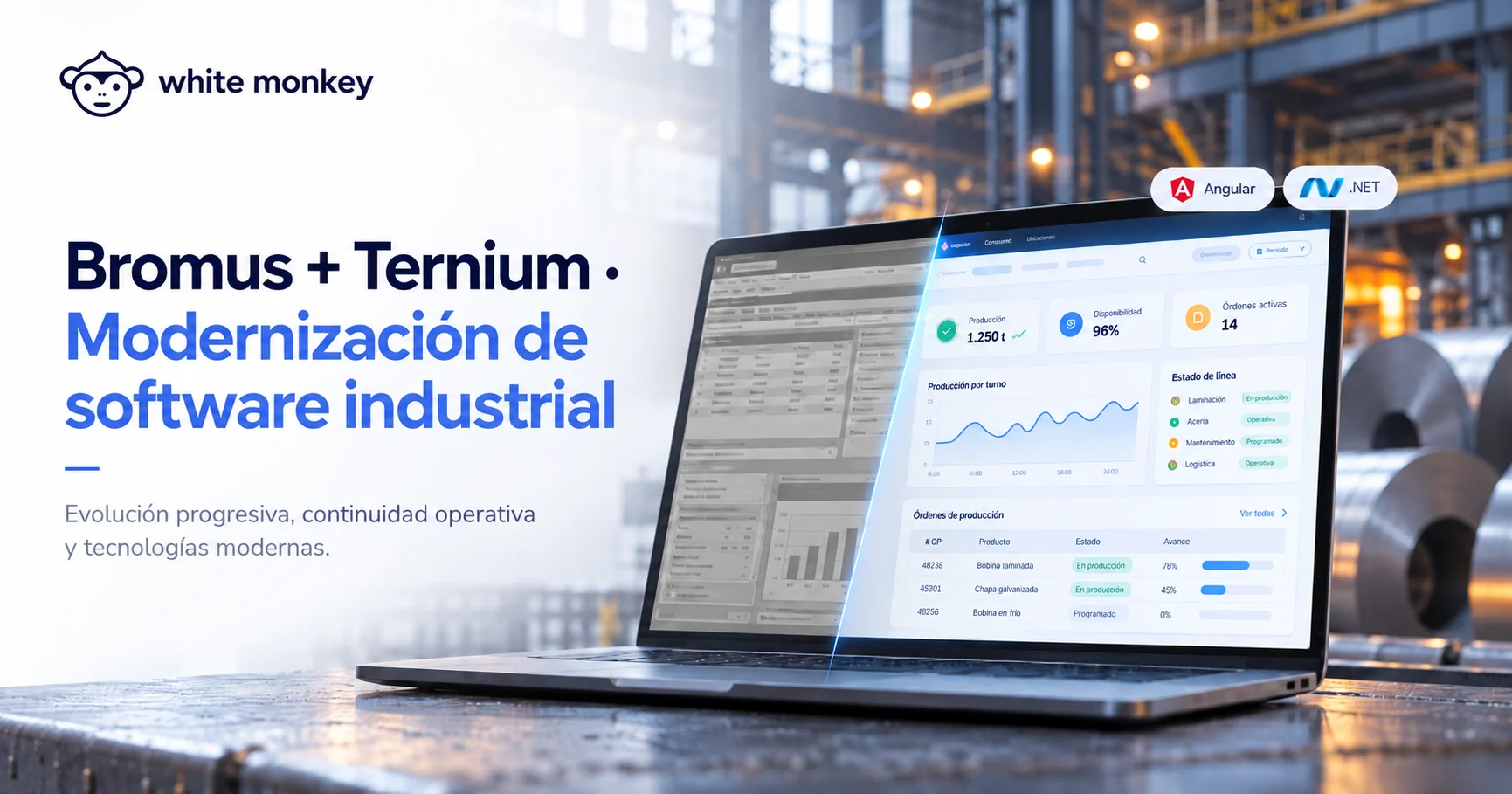 Ilustración de la modernización de software industrial para Bromus y Ternium, con una notebook y un dashboard