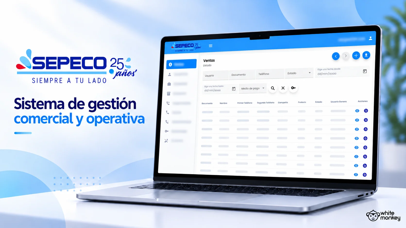 Sistema de gestión comercial y operativa de SEPECO, con el módulo de ventas en una notebook